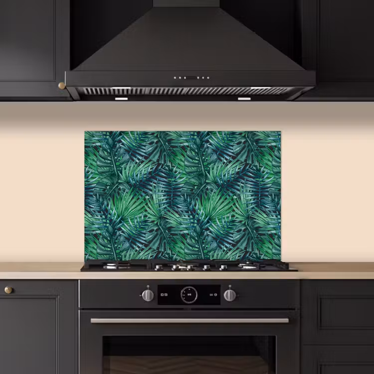 Blauw - Palmbladeren - Afsnijding keuken achterwand spatscherm klein 900 -sfeer1