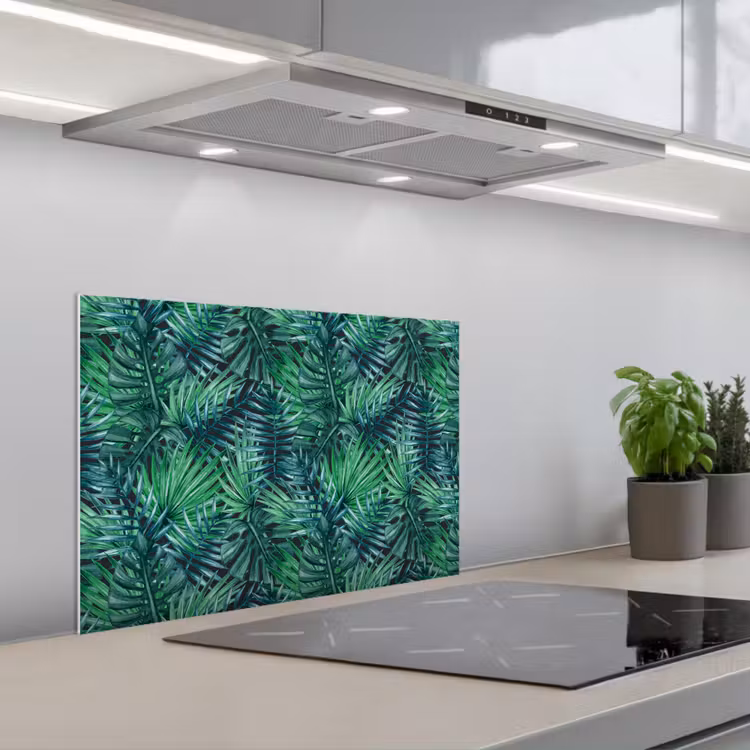 Blauw - Palmbladeren - Afsnijding keuken achterwand spatscherm klein 900 -3d_schuin
