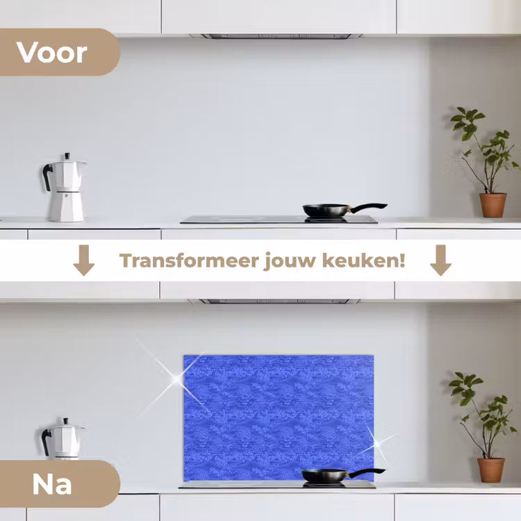 Blauw - Patroon - Heuvels - Bloemen keuken achterwand spatscherm klein 900 -voor_na_NL