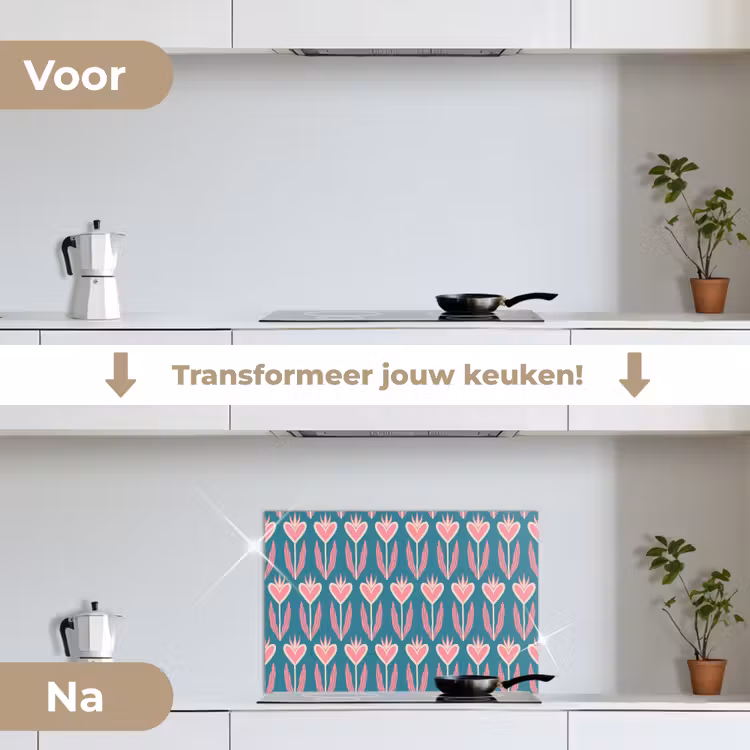 Blauw - Retro - Patroon - Hartjes keuken achterwand spatscherm klein 900 -voor_na_NL