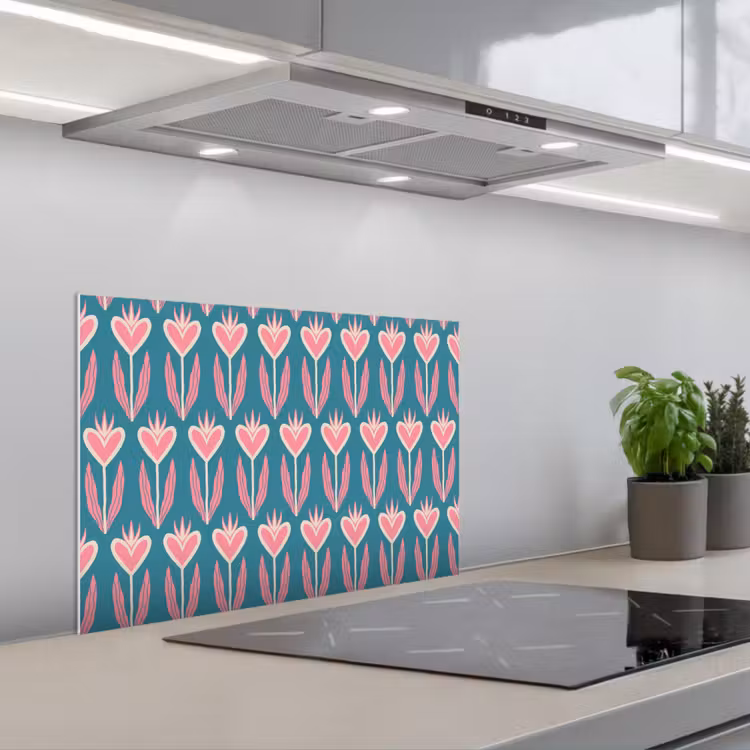 Blauw - Retro - Patroon - Hartjes keuken achterwand spatscherm klein 900 -3d_schuin