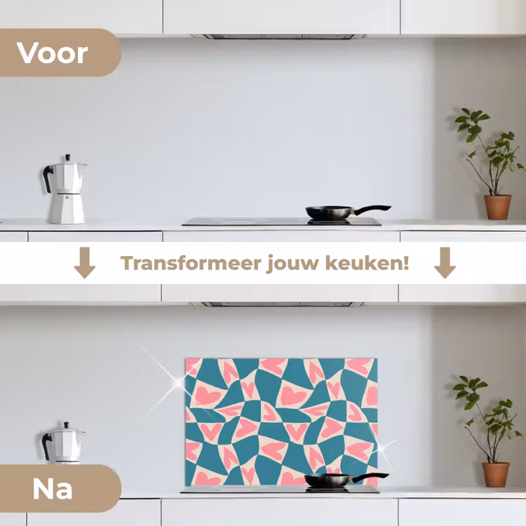 Blauw - Vlakken - Patroon - Hartjes keuken achterwand spatscherm klein 900 -voor_na_NL