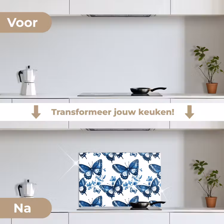 Blauw - Vlinders - Bloemen - Wit keuken achterwand spatscherm klein 900 -voor_na_NL