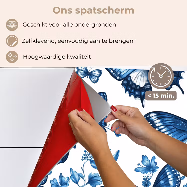 Blauw - Vlinders - Bloemen - Wit keuken achterwand spatscherm klein 900 -spatscherm_NL