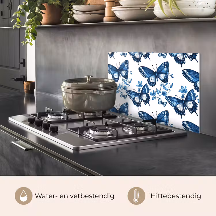 Blauw - Vlinders - Bloemen - Wit keuken achterwand spatscherm klein 900 -usp_NL