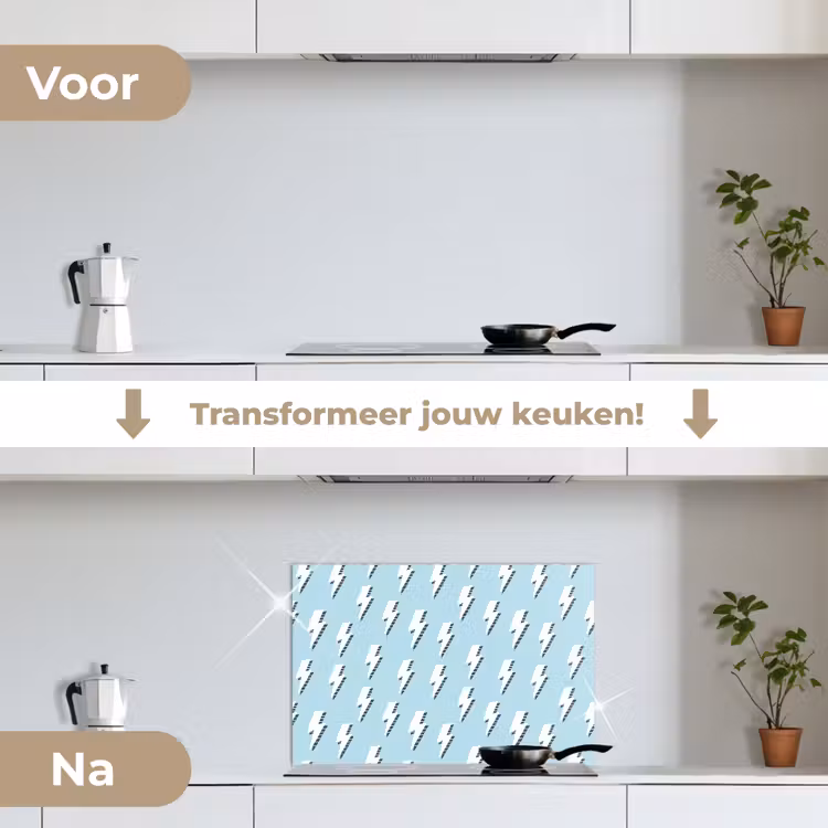 Blauw - Wit - Patroon - Bliksem keuken achterwand spatscherm klein 900 -voor_na_NL