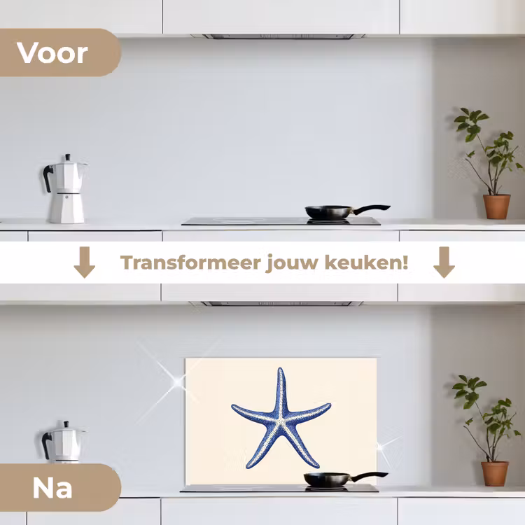 Blauwe zeester - Minimalistisch - Beige keuken achterwand spatscherm klein -voor_na_NL