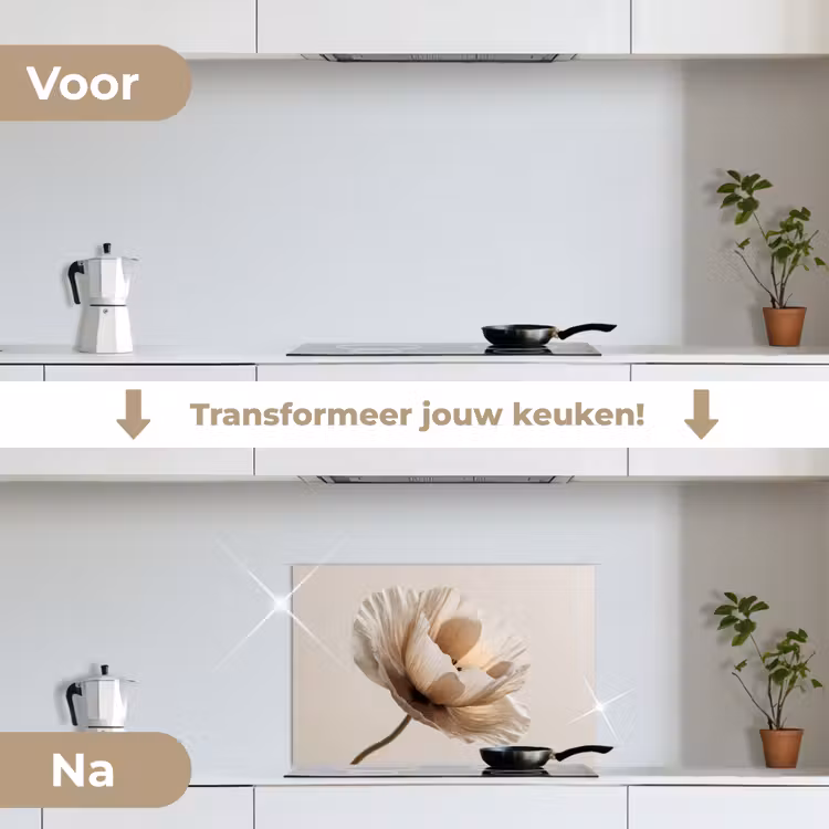Bloem - Beige - Crème keuken achterwand spatscherm klein -voor_na_NL