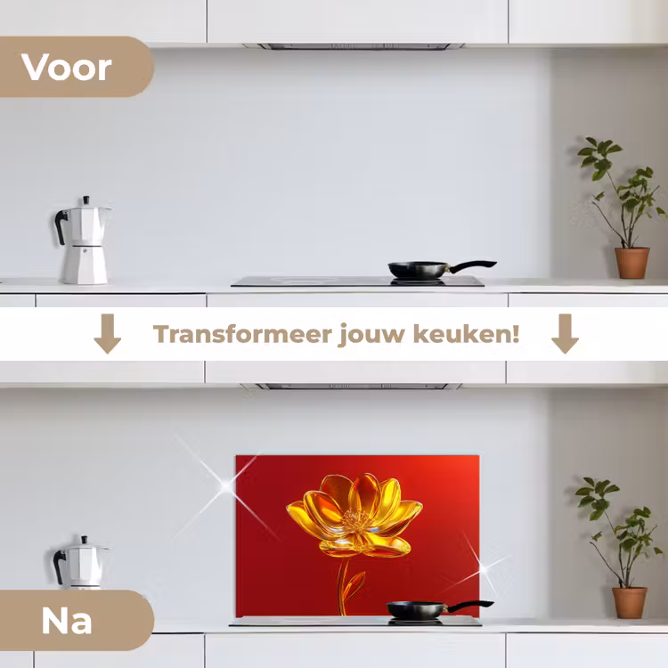 Bloem - Goud - Glazen keuken achterwand spatscherm klein -voor_na_NL