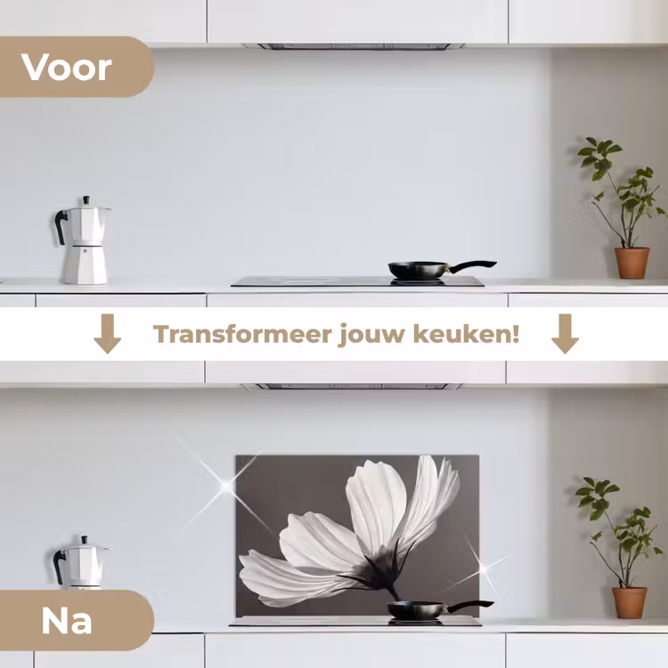 Bloem - Minimalistisch - Zwart - Wit keuken achterwand spatscherm klein -voor_na_NL