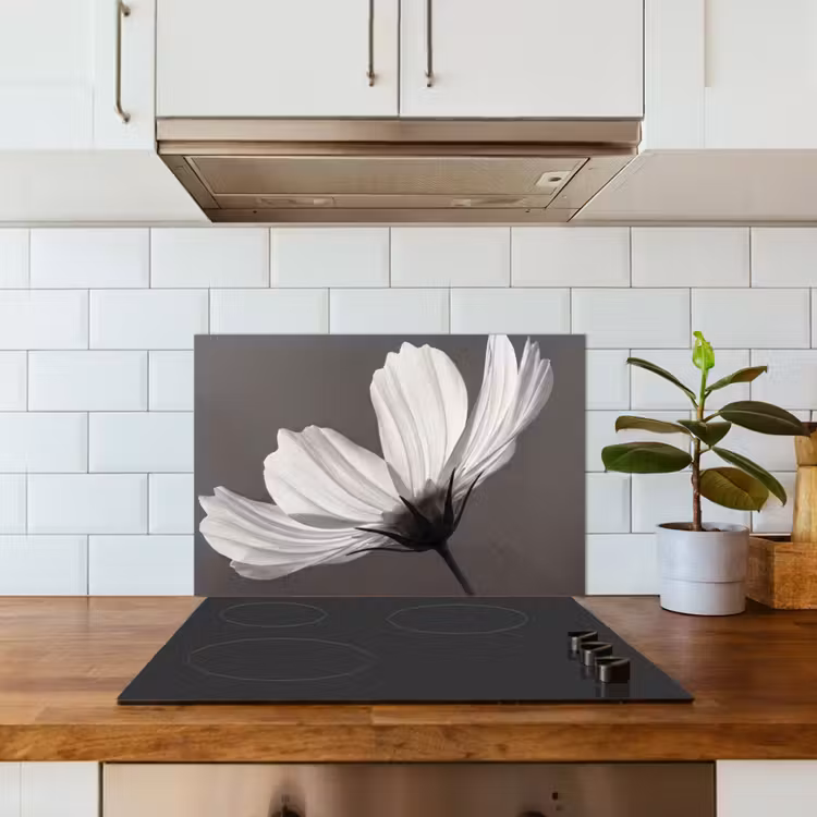 Bloem - Minimalistisch - Zwart - Wit keuken achterwand spatscherm klein -sfeer2