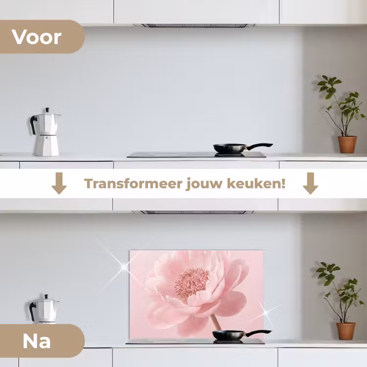 Bloem - Pioenroos - Roze keuken achterwand spatscherm klein -voor_na_NL