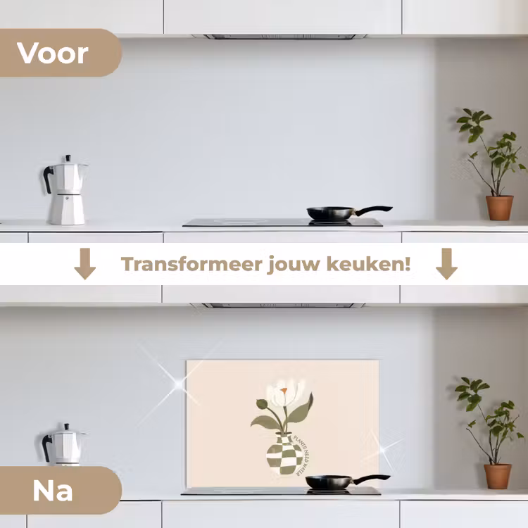 Bloem - Wit - Vaas - Quote keuken achterwand spatscherm klein -voor_na_NL