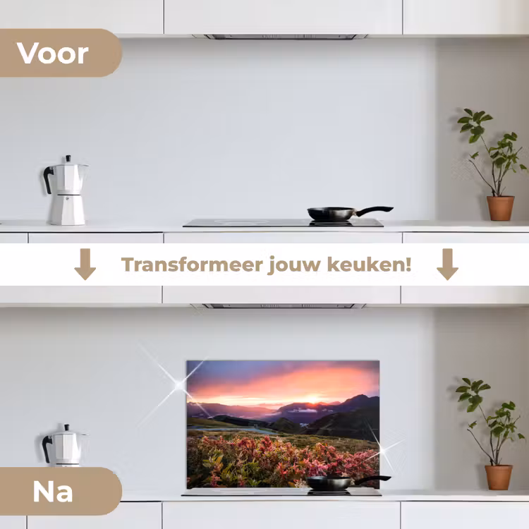 Bloemen - Bergen - Landschap - Nacht - Lucht - Roze keuken achterwand spatscherm klein -voor_na_NL