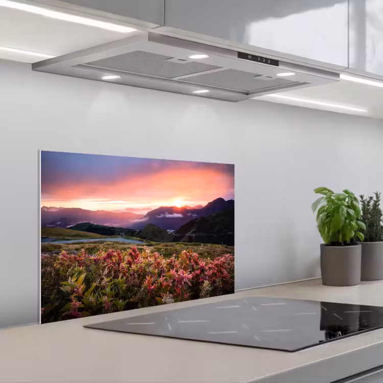 Bloemen - Bergen - Landschap - Nacht - Lucht - Roze keuken achterwand spatscherm klein -3d_schuin