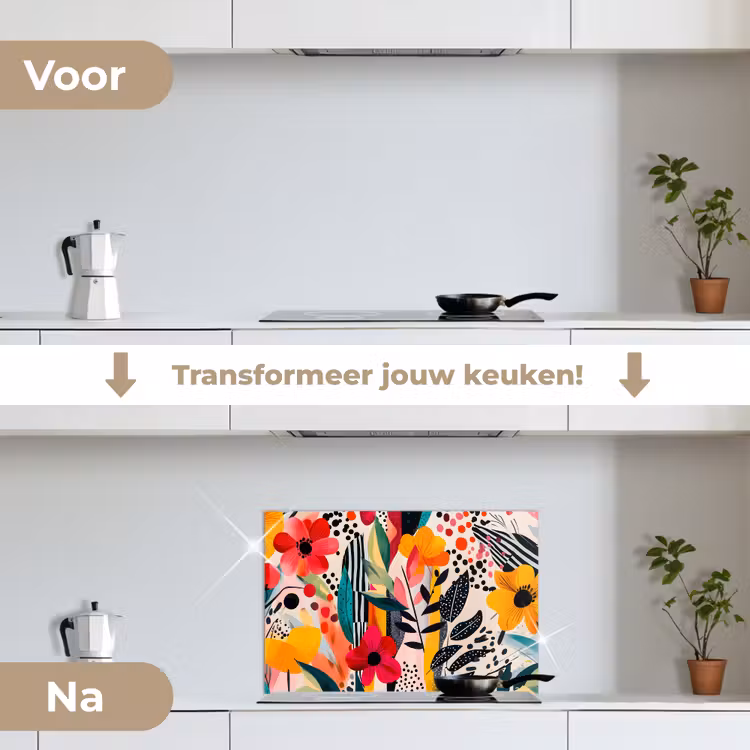 Bloemen - Bladeren - Abstract - Kleurrijk keuken achterwand spatscherm klein -voor_na_NL