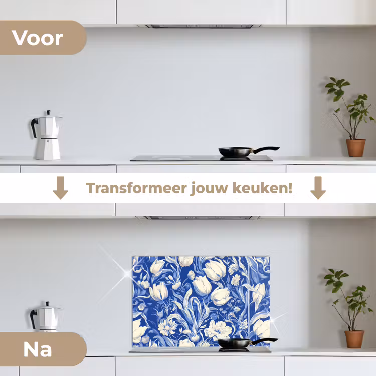 Bloemen - Delfts Blauw - Patroon - Tulp keuken achterwand spatscherm klein -voor_na_NL