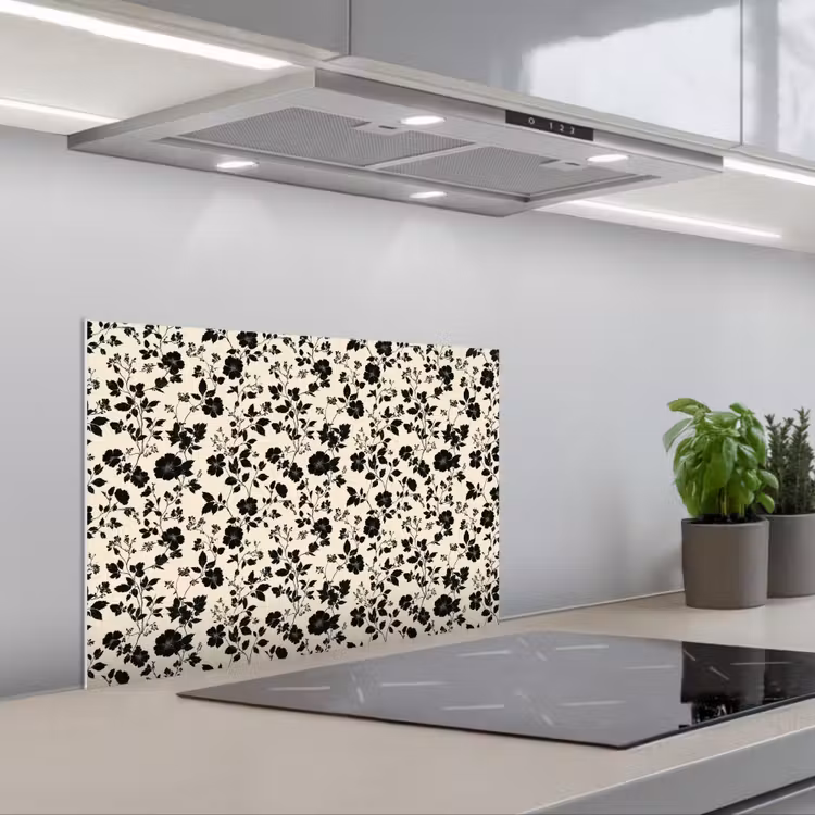 Bloemen - Dessin - Zwart keuken achterwand spatscherm klein 900 -3d_schuin