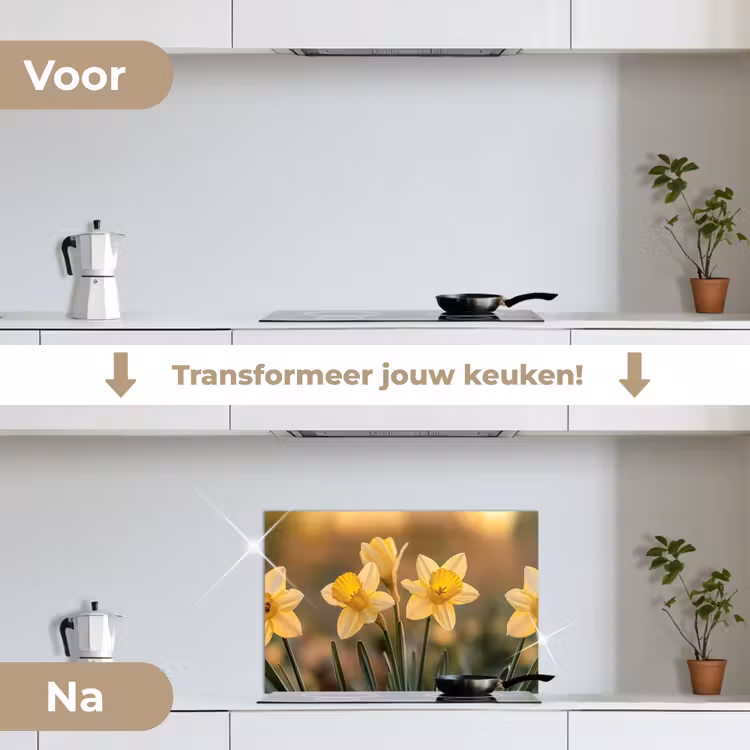 Bloemen - Geel - Wazig keuken achterwand spatscherm klein -voor_na_NL