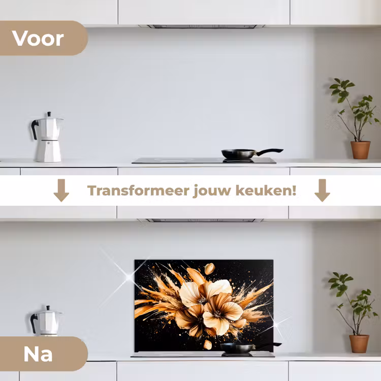 Bloemen - Goud - Graffiti - Zwart - Abstract keuken achterwand spatscherm klein -voor_na_NL