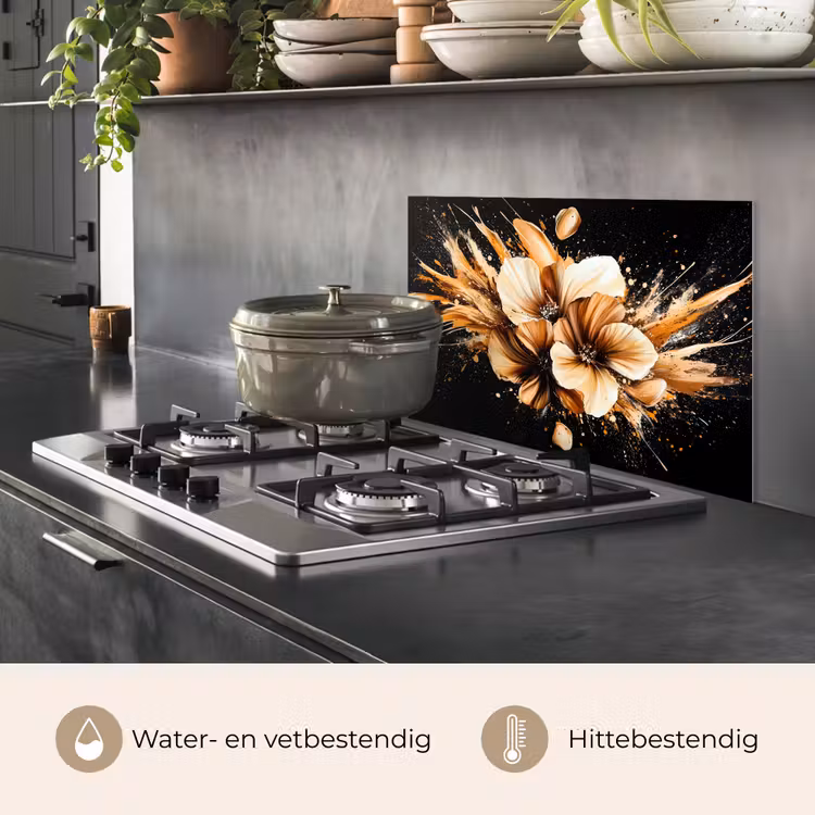 Bloemen - Goud - Graffiti - Zwart - Abstract keuken achterwand spatscherm klein -usp_NL
