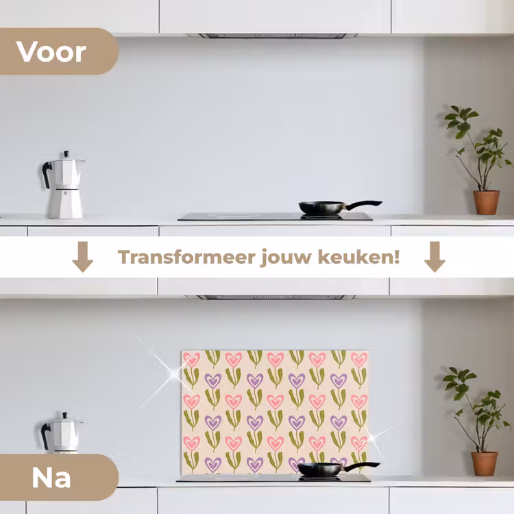 Bloemen - Hartjes - Patroon keuken achterwand spatscherm klein 900 -voor_na_NL