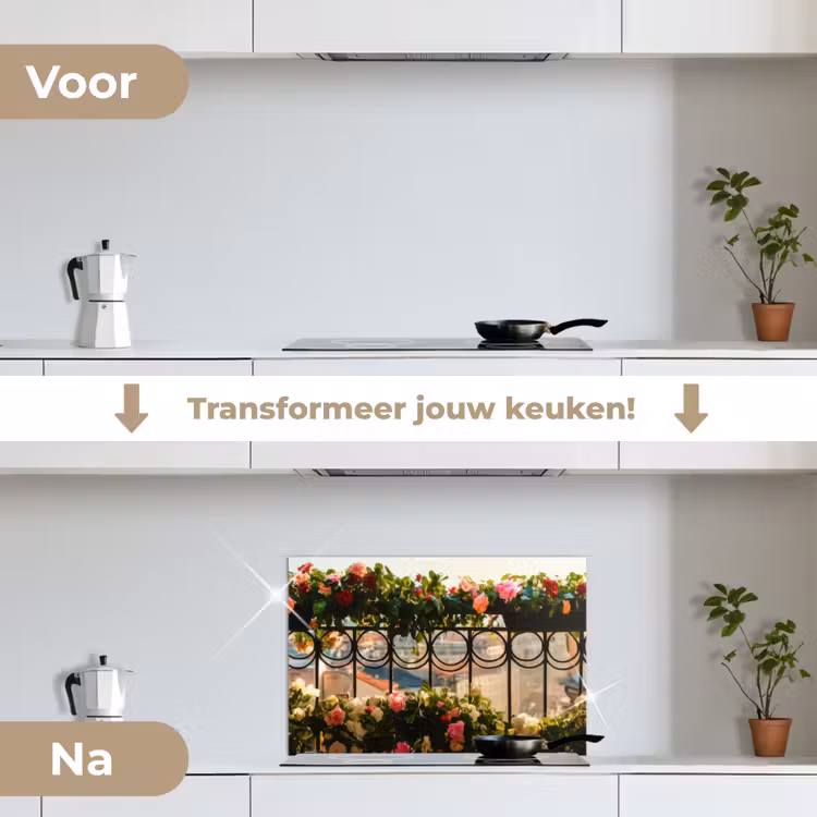 Bloemen - Hek - Stadszicht - Zomer keuken achterwand spatscherm klein -voor_na_NL