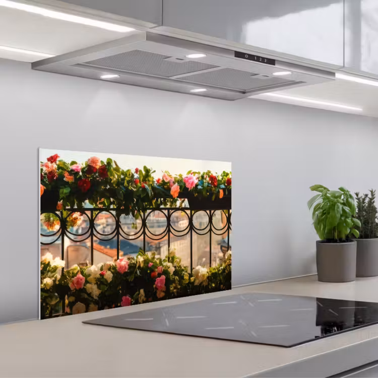 Bloemen - Hek - Stadszicht - Zomer keuken achterwand spatscherm klein -3d_schuin
