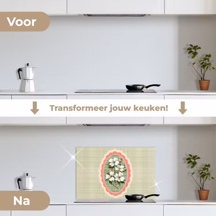 Bloemen - Illustratie - Geruit - Groen keuken achterwand spatscherm klein -voor_na_NL