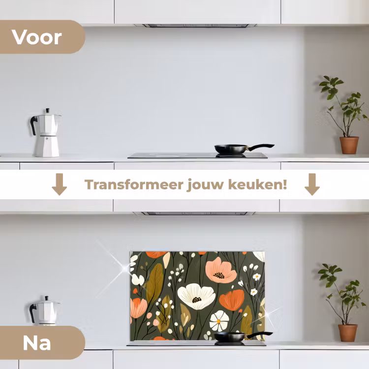 Bloemen - Illustratie - Groen keuken achterwand spatscherm klein -voor_na_NL