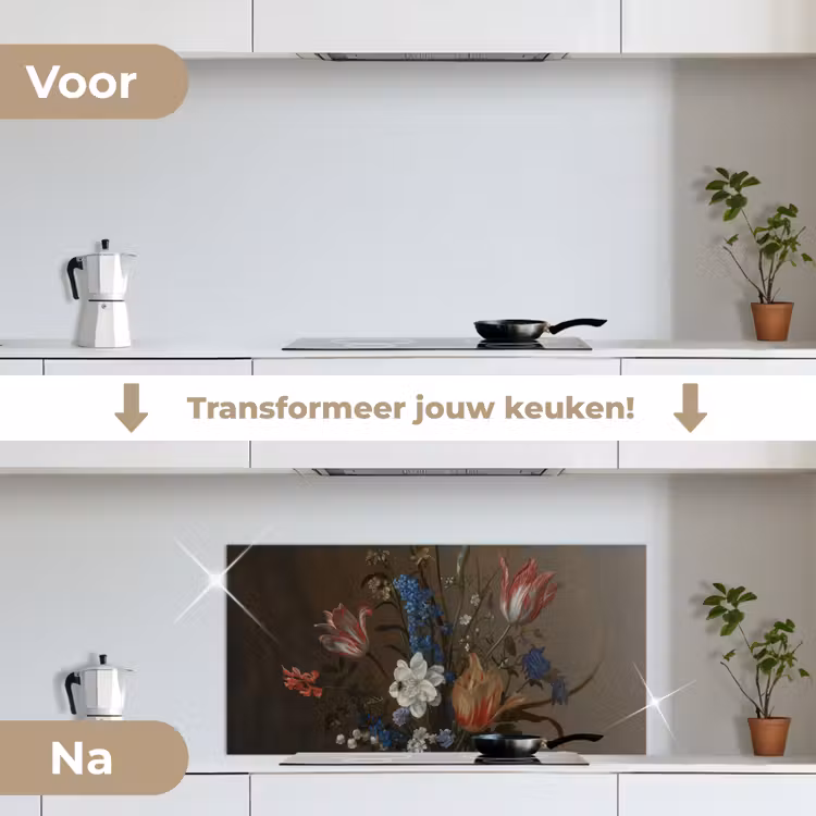 Bloemen in een Wan-Li vaas en schelpen - Schilderij van Balthasar van der Ast keuken achterwand spatscherm middel -voor_na_NL