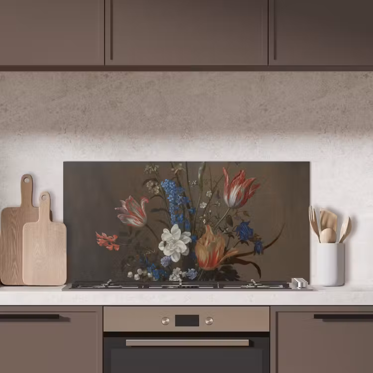 Bloemen in een Wan-Li vaas en schelpen - Schilderij van Balthasar van der Ast keuken achterwand spatscherm middel -sfeer2