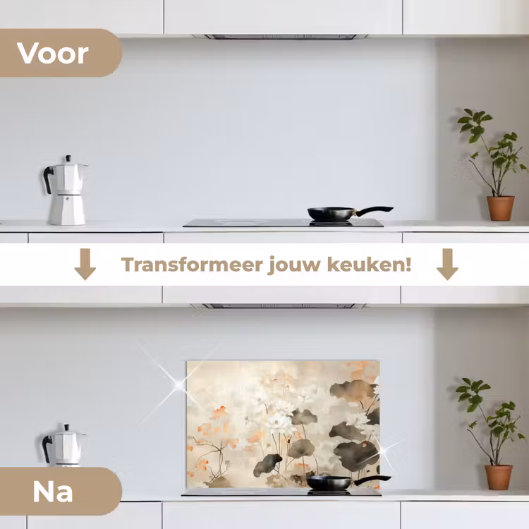 Bloemen - Japandi - Wabi sabi keuken achterwand spatscherm klein -voor_na_NL