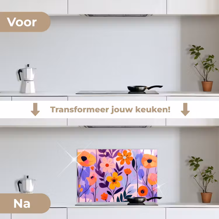 Bloemen - Kleurrijk - Bladeren keuken achterwand spatscherm klein -voor_na_NL