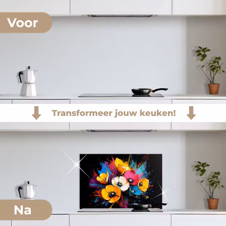 Bloemen - Kleurrijk - Graffiti - Modern - Boeket keuken achterwand spatscherm klein -voor_na_NL