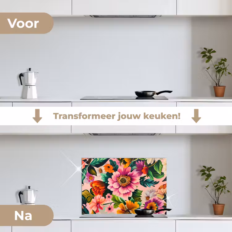 Bloemen - Kleurrijk - Roze keuken achterwand spatscherm klein -voor_na_NL