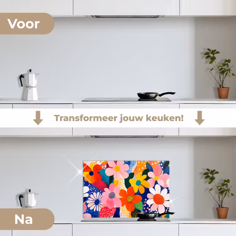 Bloemen - Kleurrijk - Stippen keuken achterwand spatscherm klein -voor_na_NL