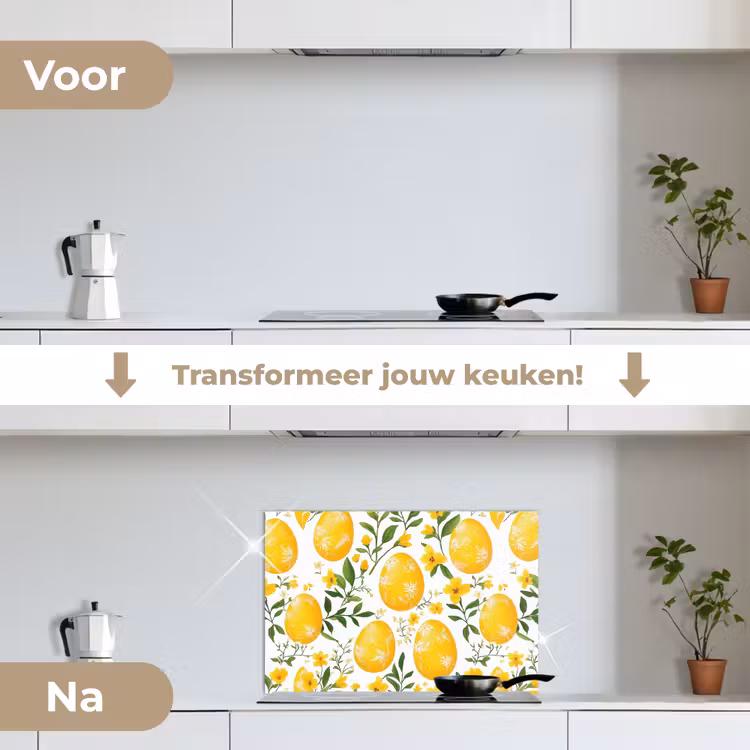 Bloemen - Paaseieren - Geel keuken achterwand spatscherm klein -voor_na_NL