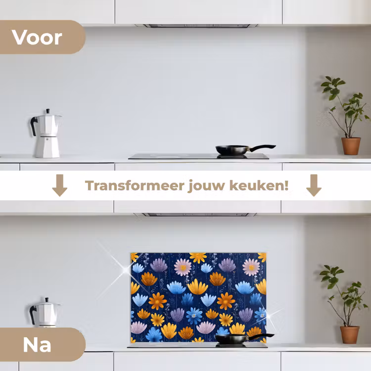 Bloemen - Patroon - Blauw - Contrast keuken achterwand spatscherm klein -voor_na_NL