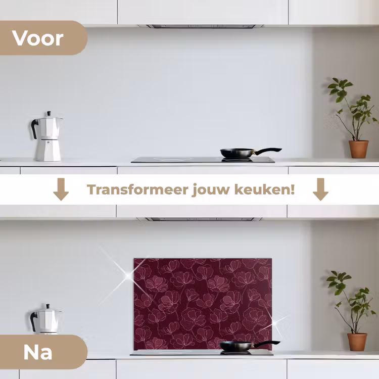 Bloemen - Patroon - Bordeauxrood keuken achterwand spatscherm klein 900 -voor_na_NL