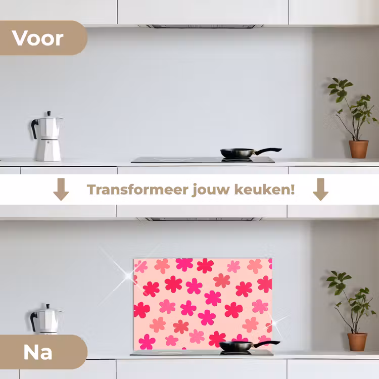 Bloemen - Patroon - Roze keuken achterwand spatscherm klein -voor_na_NL