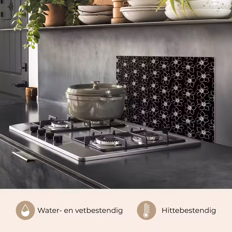Bloemen - Patroon - Wit - Zwart keuken achterwand spatscherm klein 900 -usp_NL