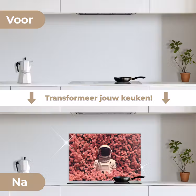 Bloemen - Roze - Astronaut keuken achterwand spatscherm klein -voor_na_NL