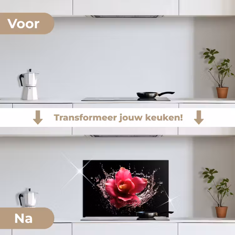 Bloemen - Roze - Water - Zwart - Botanisch - Natuur keuken achterwand spatscherm klein -voor_na_NL