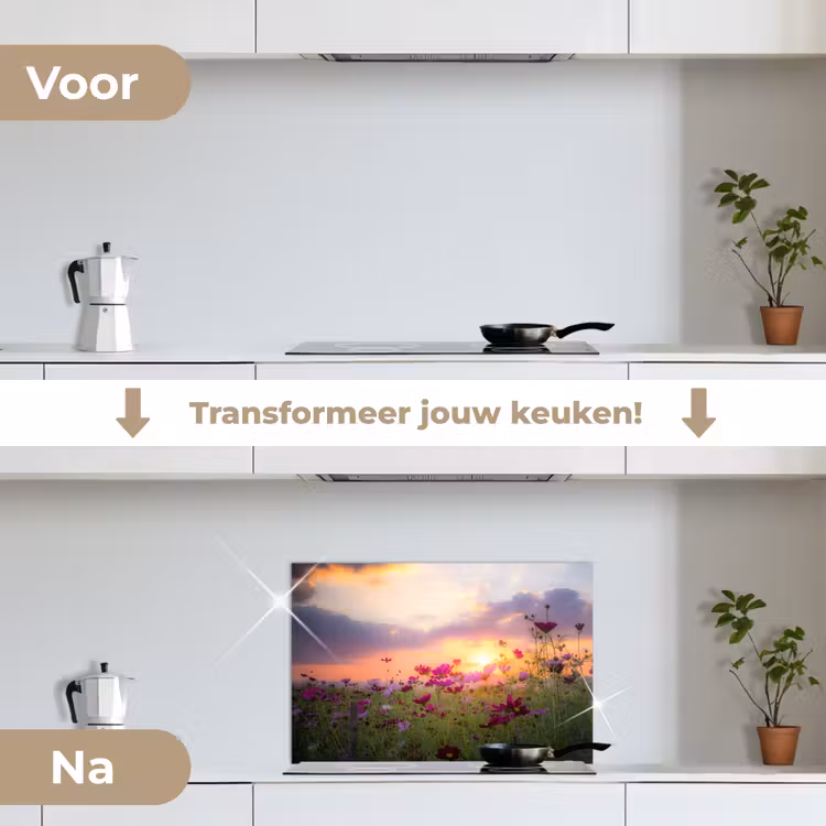 Bloemen - Roze - Zonsondergang - Natuur - Weide - Horizon keuken achterwand spatscherm klein -voor_na_NL