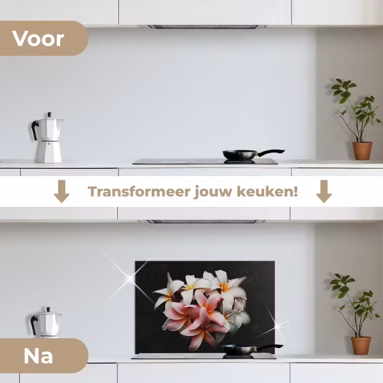 Bloemen - Roze - Zwart - Flora - Botanisch keuken achterwand spatscherm klein -voor_na_NL