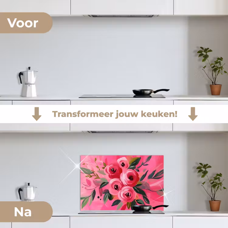 Bloemen - Verf - Roze keuken achterwand spatscherm klein -voor_na_NL