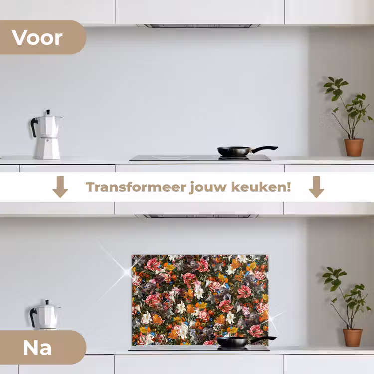 Bloemen - Vlinder - Design - Kunst - Abstract - Schilderij - Oude meesters keuken achterwand spatscherm klein -voor_na_NL