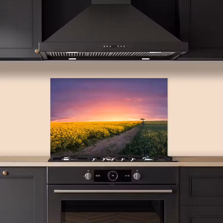 Bloemen - Weg - Lucht - Geel - Paars - Zonsondergang - Natuur keuken achterwand spatscherm klein -sfeer1
