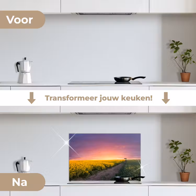 Bloemen - Weg - Lucht - Geel - Paars - Zonsondergang - Natuur keuken achterwand spatscherm klein -voor_na_NL